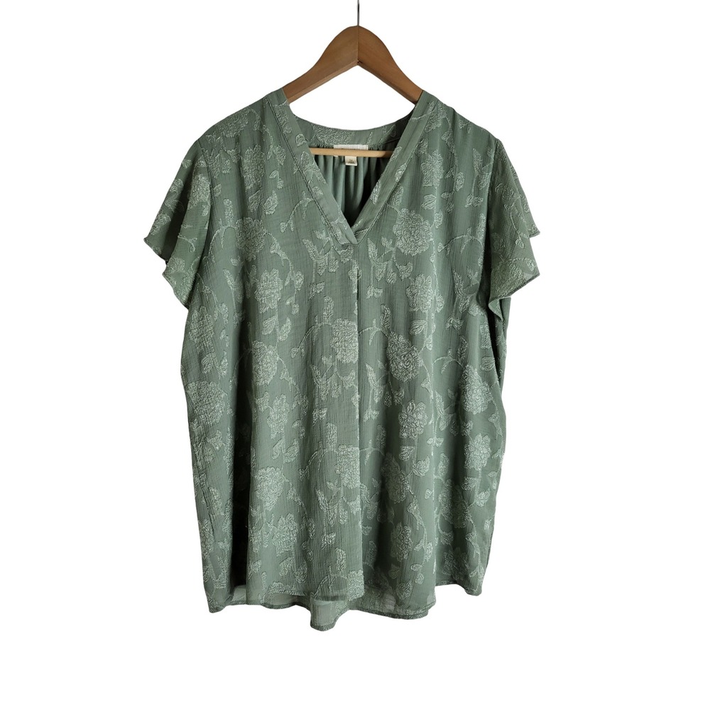 Tamara H. Sage Green Burnout Floral V-Neck Flutter Sleeve Blouse 1X
